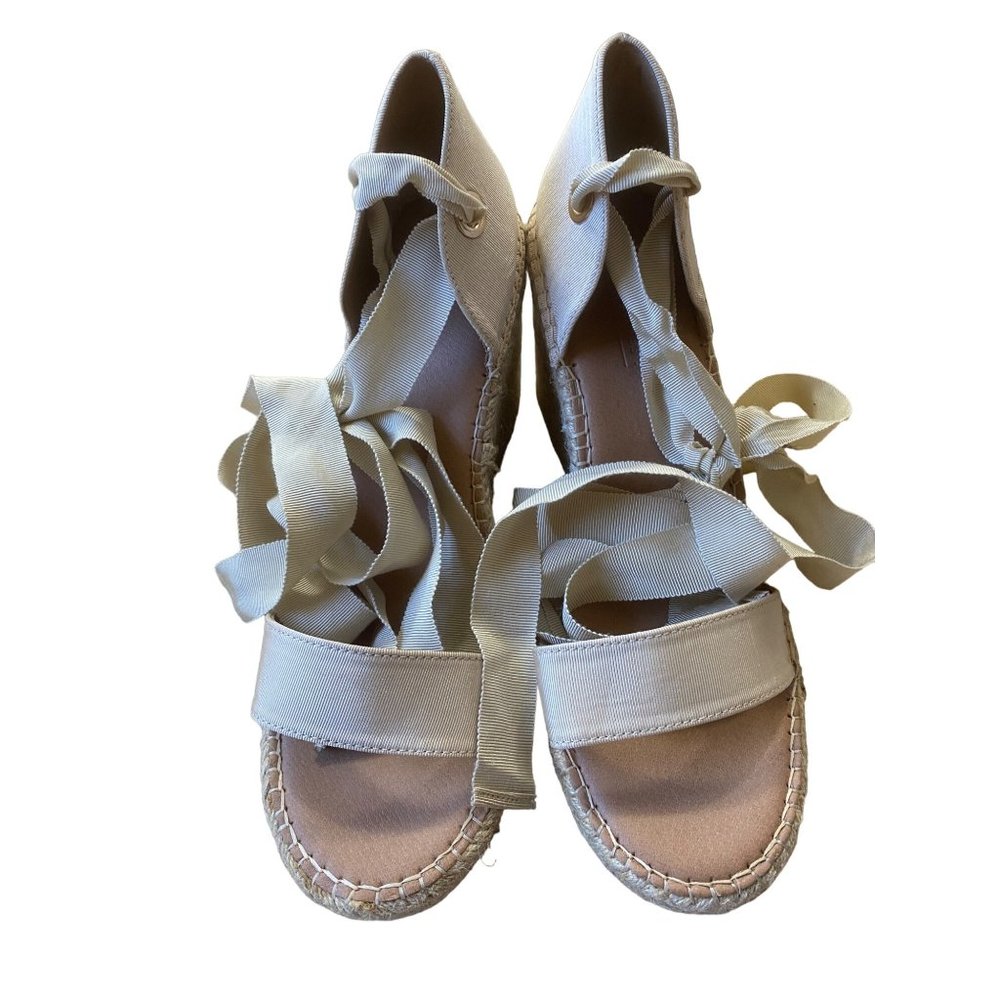 Asos Womens Espadrilles Wedges Sandals 8 Beige Canvas Ribbon Open Toe 4" Heel